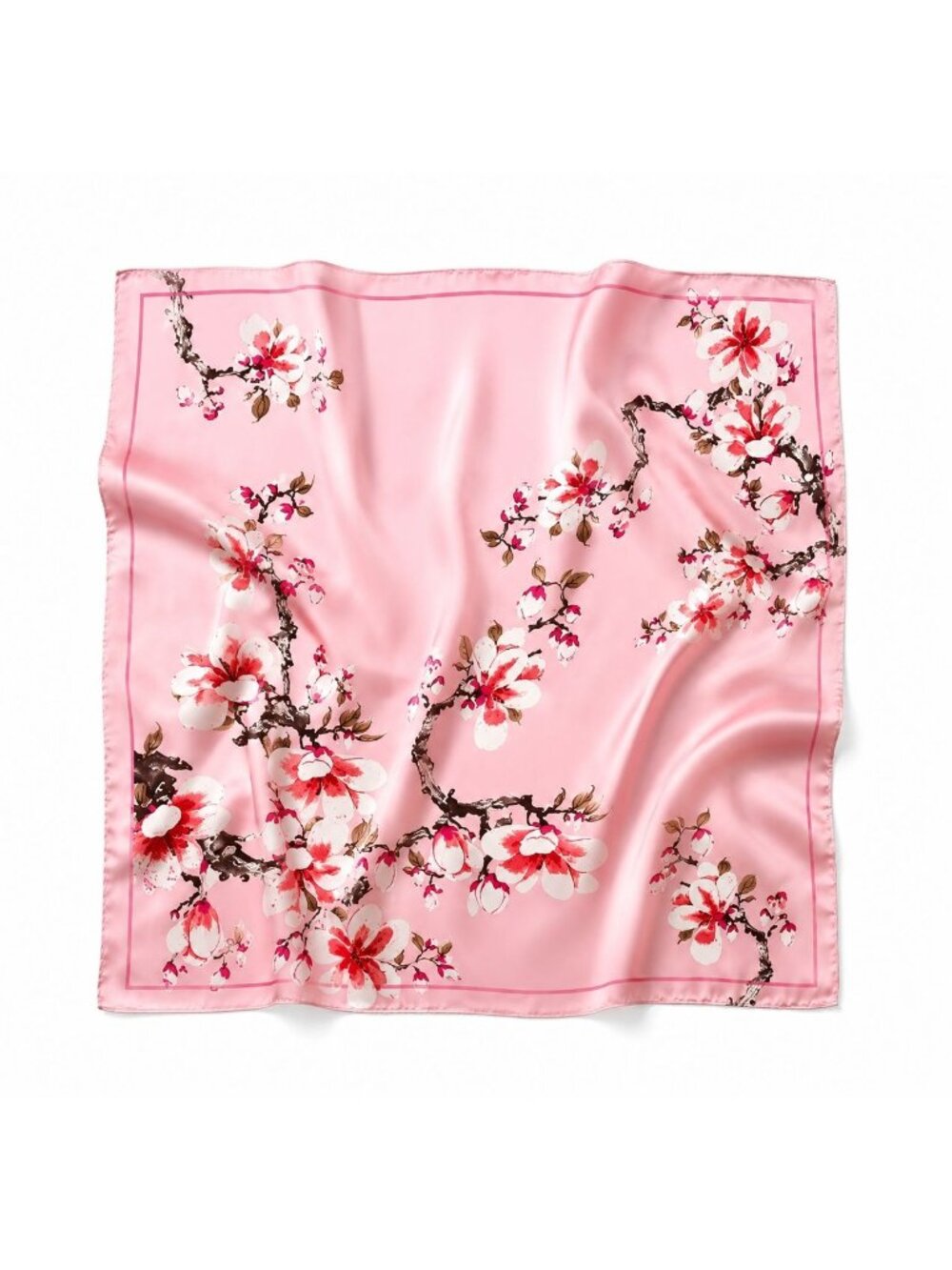 Pink Magnolia Satin Scarf 35x35 Floral Square Hair Head Neck Scarf for Women